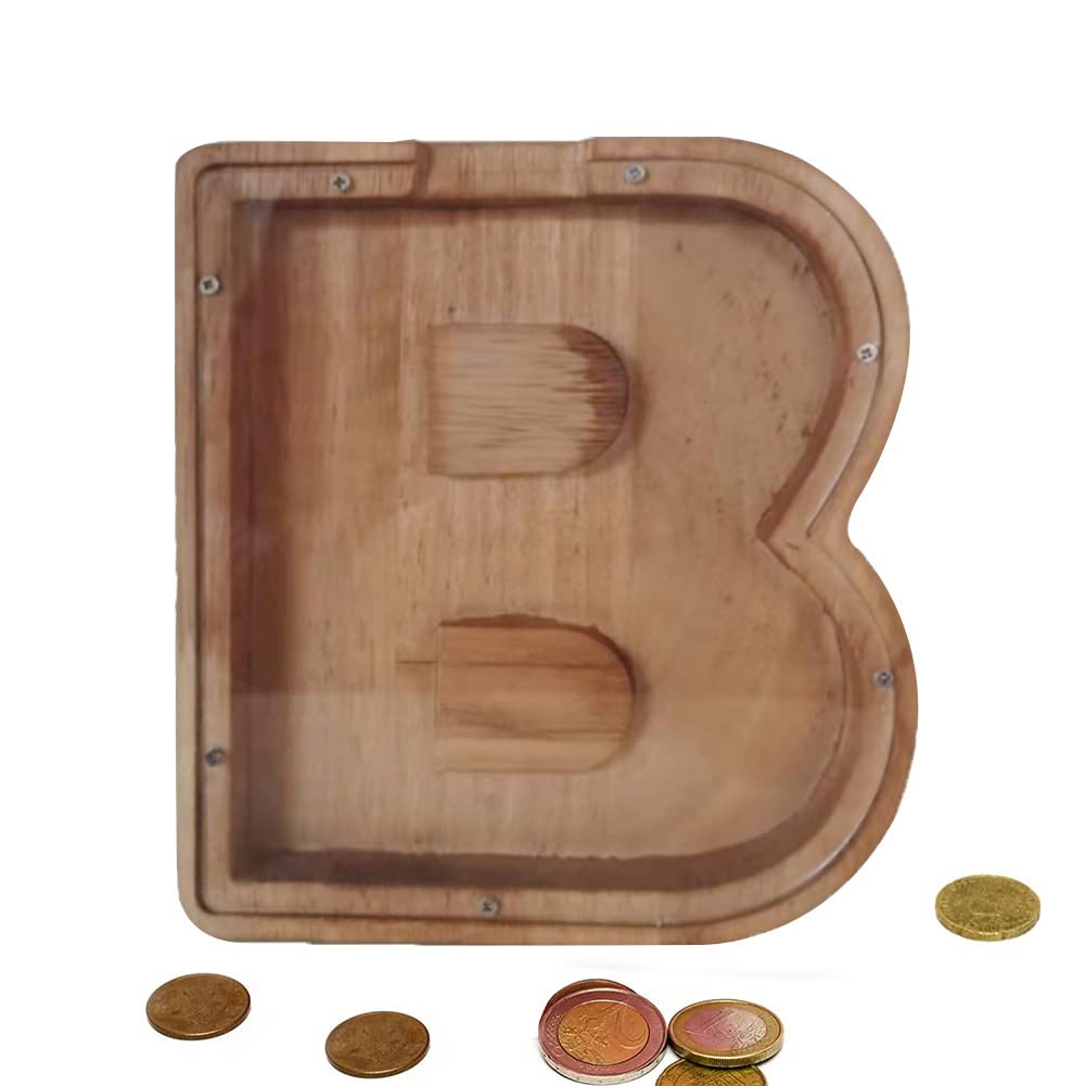 Wooden Money Bank Personalized Letters Coin Bank Text Engraved Money Box Wooden Coin Bank ​Gift for Kids Christmas Birthday Gift Home Decoration (B)