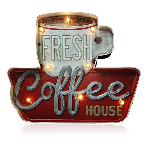 ACECAR Coffee Wall Decorations,Metal Vintage Handmade Marquee Embossed Tin Decor,Industrial Style Wall Hanging Sign,for Apartment,Home,Bar or Cafe Wall Decoration–Battery Operated (Coffee)
