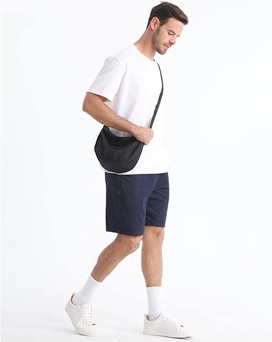 Miniatura 8 de Bolso bandolera pequeño para mujeres y hombres, a la moda, mini bolsa de media luna con correa ajustable, 2 cremalleras, bolsa de nailon ligero