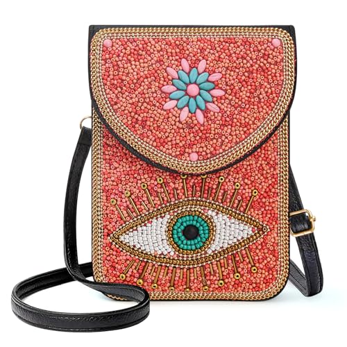 Image of Small Beaded Crossbody Bag for Women, Boho Cell Phone Shoulder Purse Wallet with Handcrafted Colorful Beads