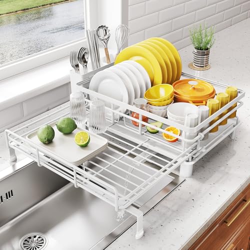 Image of SNTD Dish Drying Rack - Extendable Dish Rack, Large Sink Drying Dish Drainer for Kitchen Counter, Stainless Steel Dish Strainer with Utensil Holder (White)