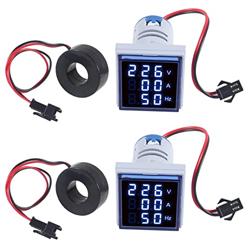 Image of 2PCS Current Voltage Hertz Meters, Digital 3 in 1 22mm Voltmeter Ammeter Hz Meter AC 60-500V 0-100A 20-75Hz Current Frequency Indicator LED Digital Voltage Amp Tester with CT (Blue)