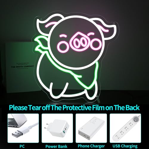 Image of Pig Neon Sign - HSJNJKFU Neon Signs for Wall Decor Animal Led Sign Light Up Sign for Room Birthday Party Home - LED Neon USB Powered