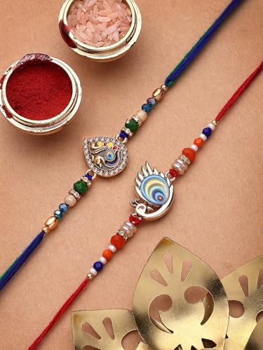 Image of Sukkhi Rakhi Trendy Floral Design Gold Plated AD Stones & Pearls Combo Rakhi for Brother with Roli Chawal & Greeting Card| Set of 2