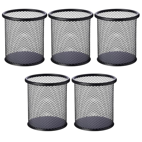 Image of GLUN Round Black Mesh Metal Desk Pen, Pencil and Other Stationery Organiser Holder, Use at Office, School and Home Pack of 5