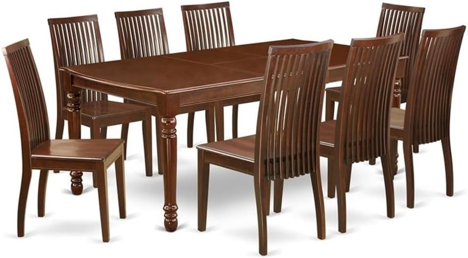 Pemberly Row 9-Piece Wood Dining Set, Mahogany Finish, Includes Rectangular Table and 8 Chairs, Solid Wood Construction, Traditional Style, Compact Design, Dining Room Furniture for Casual or Formal