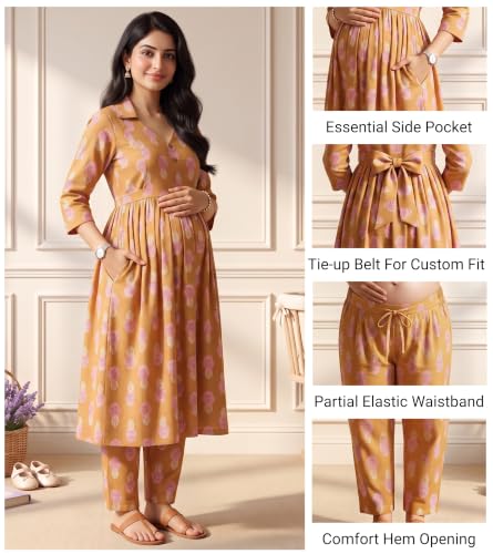 Image of DUMMY SHAPE Maternity Dresses for Women Cotton | Floral Kurta Pant Dupatta Set with Nursing Zippers, Side Pocket | Pre & Post Pregnancy | Feeding Kurti Suit | Baby Shower | Gifts for Pregnant Woman