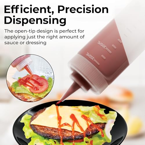 Image of Restaurantware-12 Ounce Squeeze Bottles, 6 Refillable Squirt Bottles - Precision Tip, Wide Mouth, Clear Plastic Sauce Bottles, For Condiments, Dressing, And Sauces