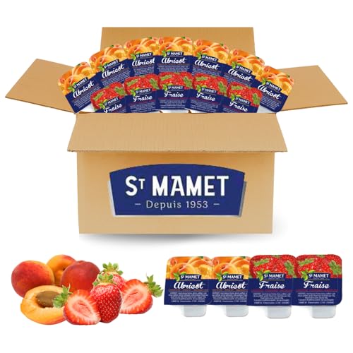 ST MAMET | 60 Barquettes de Confiture de Fraise & Abricot | Doses individuelles de 25 grammes pour varier les plaisirs au petit déjeuner et au goûter