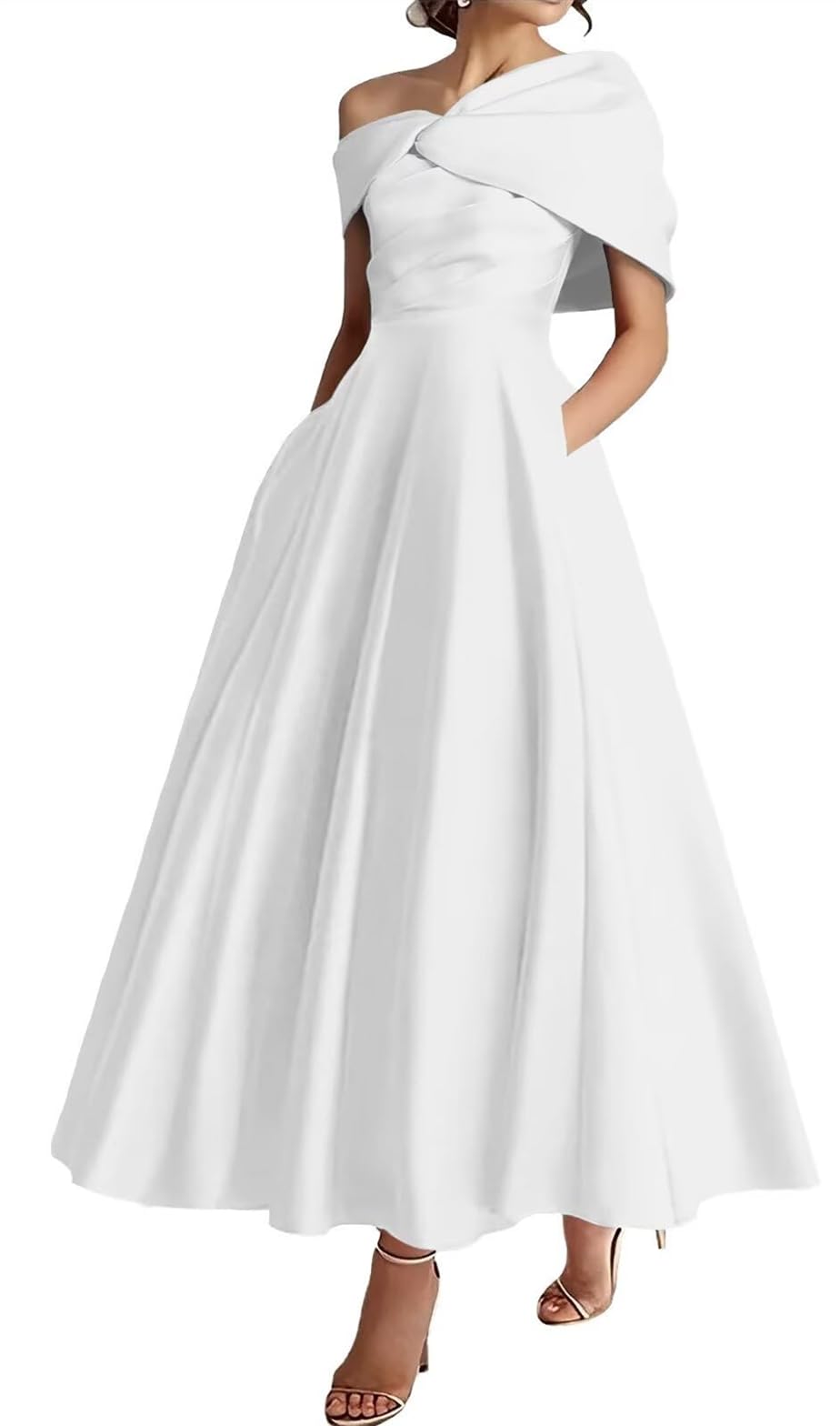 WSEYU Women's One Shoulder Mother of The Bride Dresses with Pockets Satin Formal Evening Prom Gown Tea Length ZMKI328 White UK16