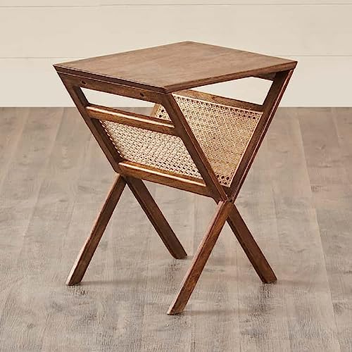 Image of Kuwait Rattan Side Table for Bedroom | Cane End Table for Living Room | Mango Wood, Honey Teak Finish | Peg Table for Sofa |