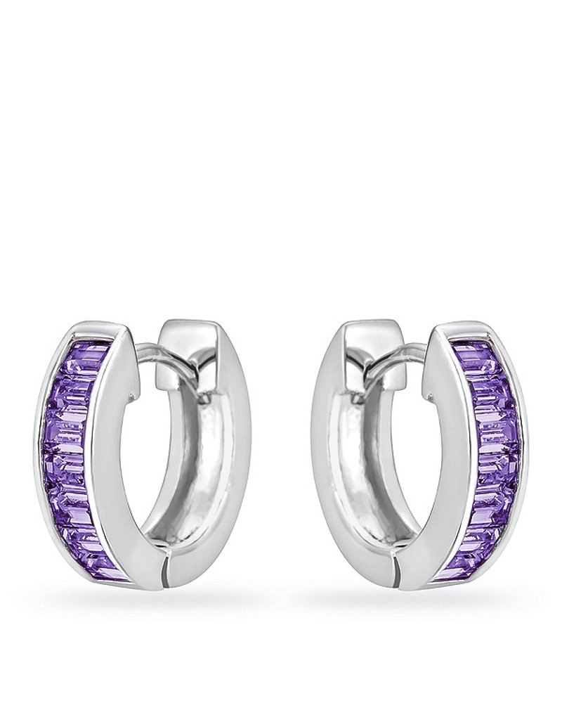 Genuine Rhodium Plated Hoop Earrings with a Channel Set Row of Emerald Cut Amethyst Purple Cubic Zirconia