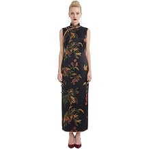HangErFeng Silk Qipao Black Persimmon Print Xiangyunsha Sleeveless Ankle Length Cheongsam 3908