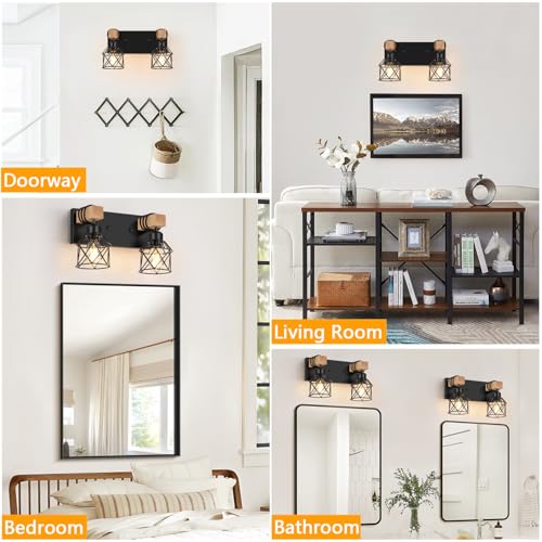 Image of FadimiKoo 2-Light Farmhouse Bathroom Vanity Light Fixtures, Wood Bathroom Lighting Over Mirror, Black Rustic Sconces Wall Lighting with Metal Lampshade for Living Room, Bedroom, Hallway