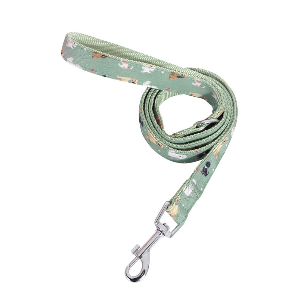 YöL Green Dog Print Pet Lead 120cm x 2cm - Dog Puppy Travel Walking Walkies, Easy To Control Obedience Training, Lightweight Durable Polyester Secure Hook Clip
