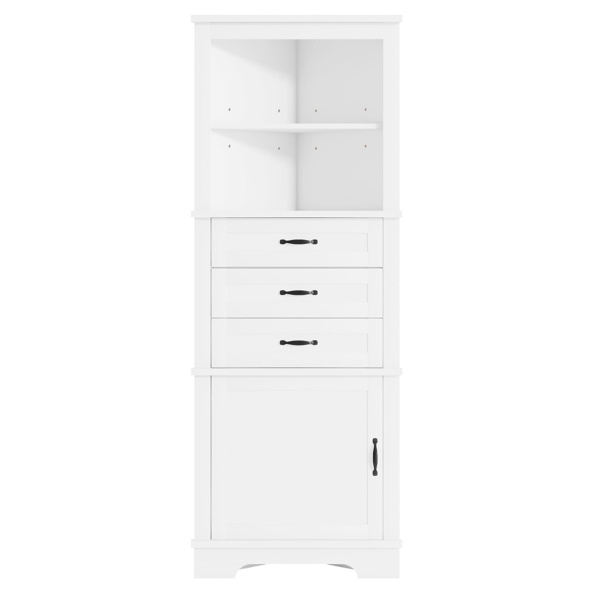 Armario esquinero para baño, 57,7 × 46 × 167,5 cm, dos estantes abiertos, tres cajones, color blanco, estantes ajustables, asas negras