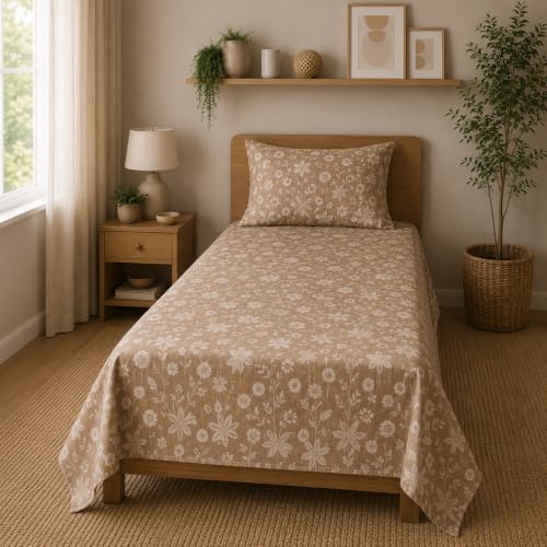Image of Linen Home Cotton Percale Flat Bedsheet Set Single Size Floral Light Brown