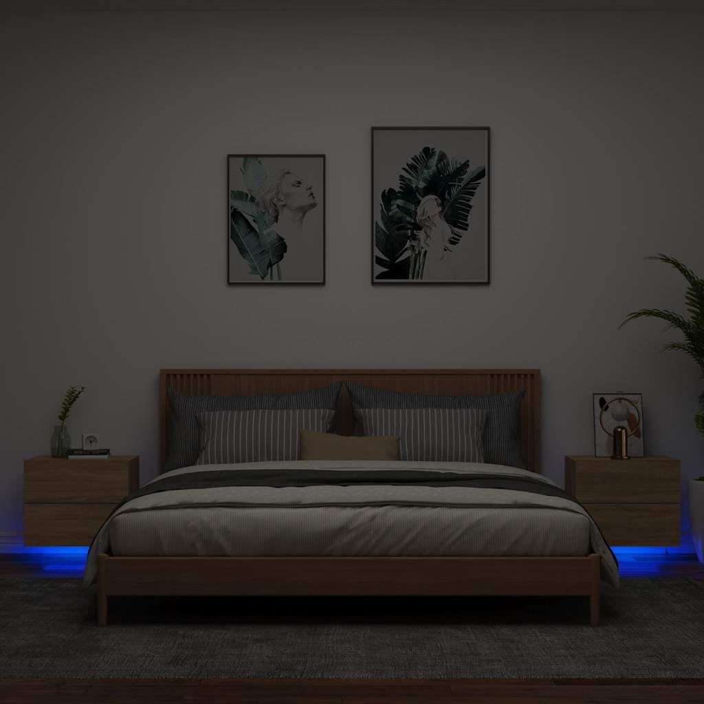 vidaXL Mesitas de Noche de Pared con Luces LED 2 Unidades Roble Sonoma