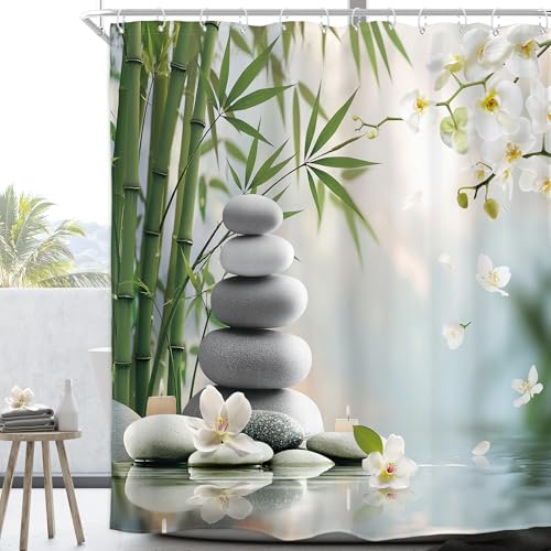 Homewelle Zen Stone Meditation Shower Curtain Green Bamboo White Orchid Spa Meditation Inspirational Positive Spa Relaxing Candle 60Wx72H Inch Botany Waterproof Polyester Fabric Bathroom Bathtub