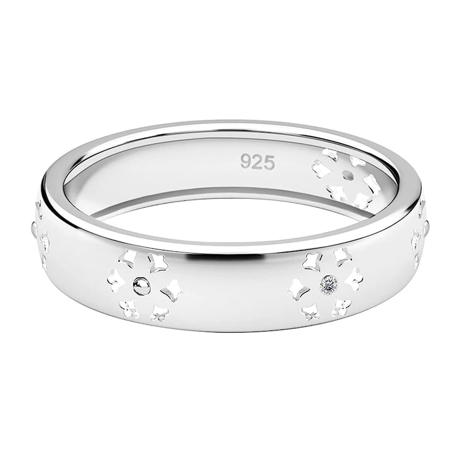 TJCSterling Silver Wedding Band Rings for Women | White Diamond Floral Design Stackable Rings | Available Sizes J-V | 925 Silver Stamped | April Birthstone