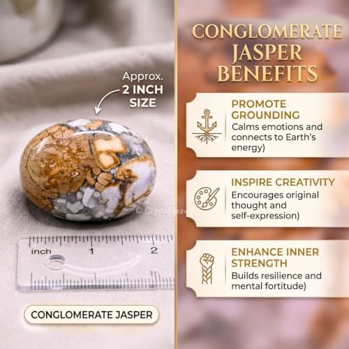Image of Certified Conglomerate Jasper Crystal Palm Pebbles Stones for Anxiety Stress Relief Massage - AAA Grade Original Healing Gemstone Agate Palm Stone for Yoga Meditation Spiritual Reiki Feng Shui