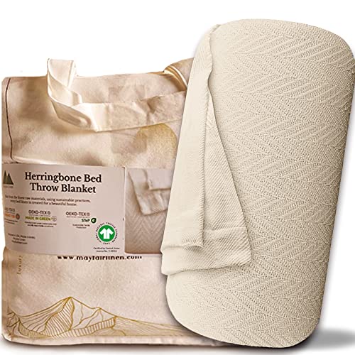 Mayfair Linen 100% Pure Cotton, Luxury King/Cal King Size Beige Blanket - Herringbone Pattern, Soft &Cozy Premium Fall Bed Blanket for All Seasons, 350GSM & 106x92 with Free Tote Bag
