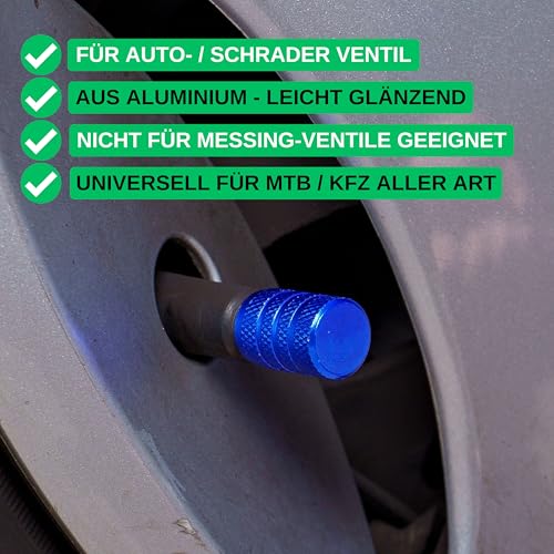 Ventilkappen aus Aluminium, 4 Stück, in Blau, für Auto BZW. Schrader Ventile, Ventil Kappe mit Dichtung, Reifenventil Caps für KFZ, Fahrrad, Motorrad, Roller, Luftventilkappen, Staubschutz Kappen