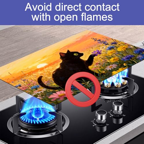 Image of HOMETITUTE Spring Stove Top Covers for Electric Stove 28x20 Inches Black Cat Sunset Wildflower Heat Resistant Glass Cooktop Protector Pad Decorative Stovetop Cover Dish Drying Mats for Kitchen Decor