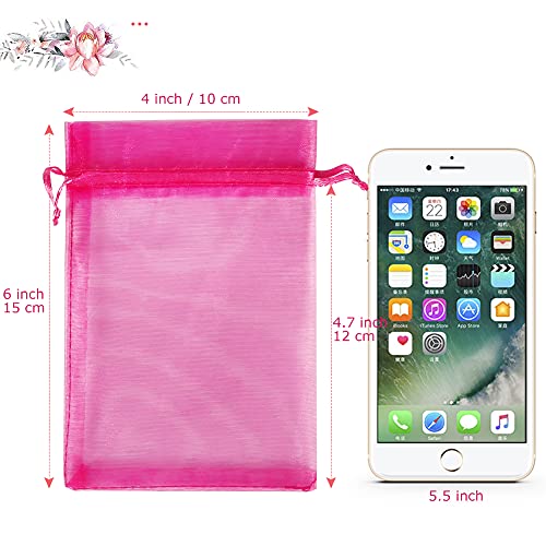Image of HRX Package Hot Pink Organza Bags 100pcs, 4 x 6 inch Mesh Drawstring Gift Bags Jewelry Pouches Small Sachet for Christmas Candy Party Favor