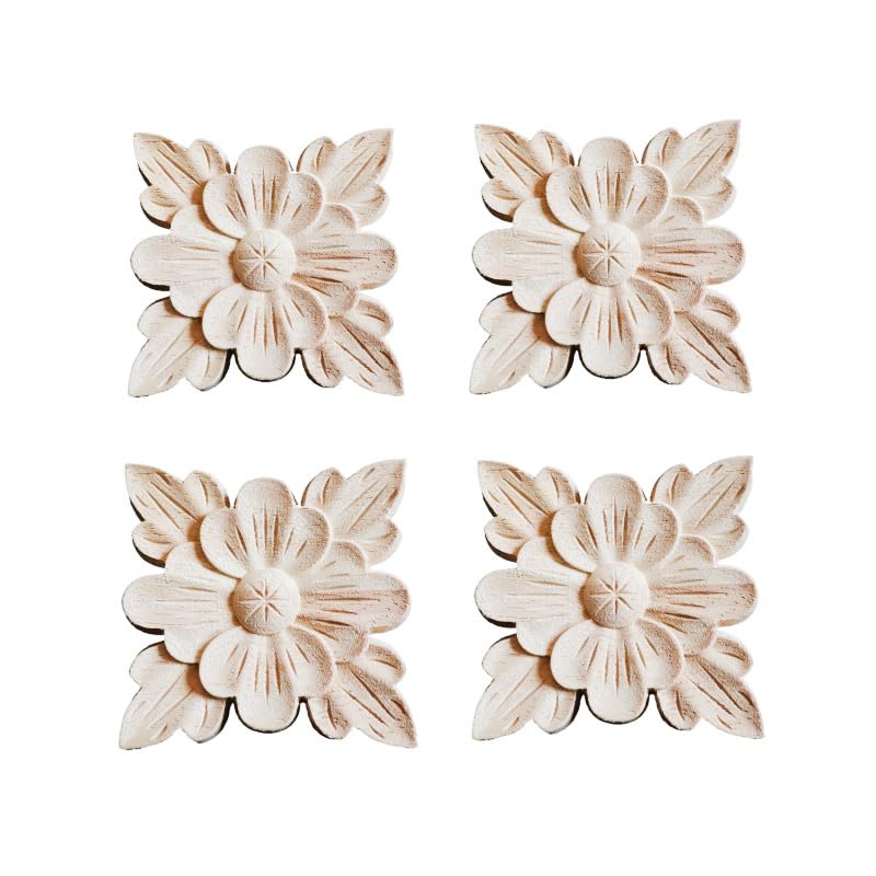 BSYMDH 4PCS Square Wooden Carved Appliques Onlays Carving Checkered Applique Wood Carving Decal for Bed Door Cabinet Mirror Fireplace Wardrobe