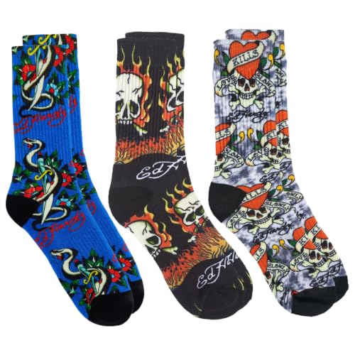 Image of ED HARDY 3-Pairs Men's Tattoo Print Fashion Cushioned Crew Socks