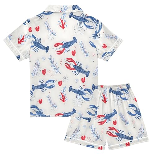ALAZA Blue Lobster Leaf Heart Satin Pajamas Set Short Sleeve Button Down Sleepwear Summer Pjs 2 Piece2