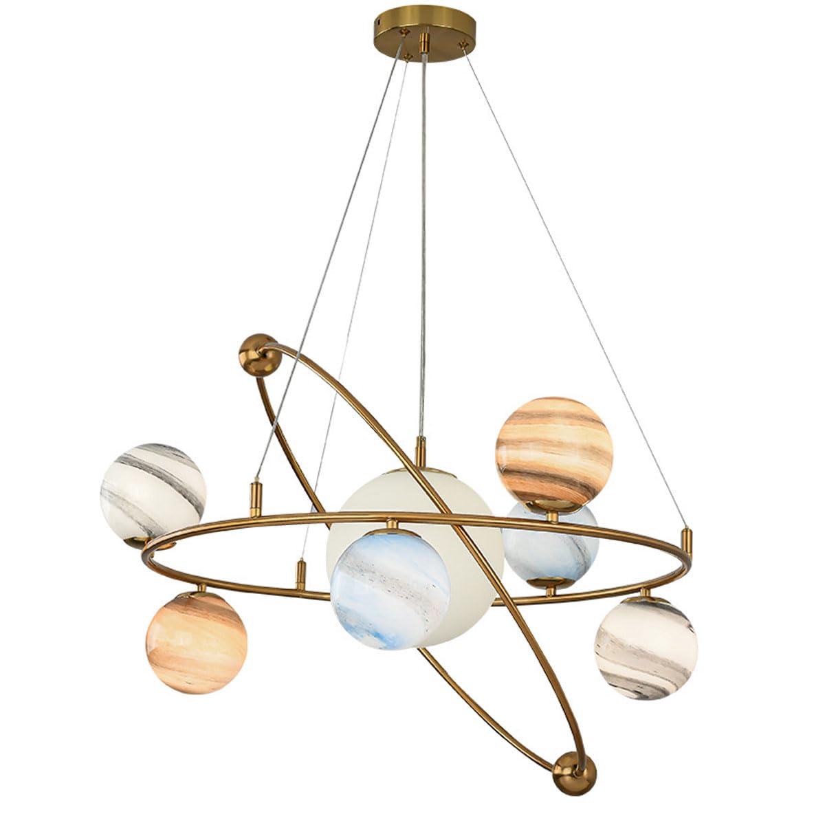 Prosta i kreatywna lampa wisząca z metalu i kreatywny szklany żyrandol Planet doskonale sprawdzą się w jadalni przedszkola.