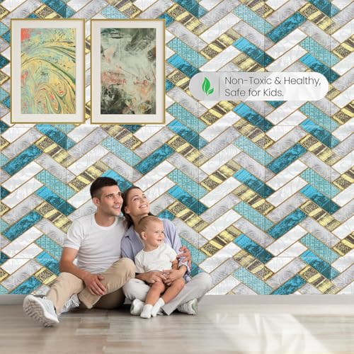 Image of WrapWall 3D Wallpaper Self Adhesive Foam Pack of 1 (70x70 cm) | Waterproof Brick Design Wallpaper |Peel & Stick DIY Wall Decor for Living Room Bedroom Kitchen (1, Blue-Vshape)