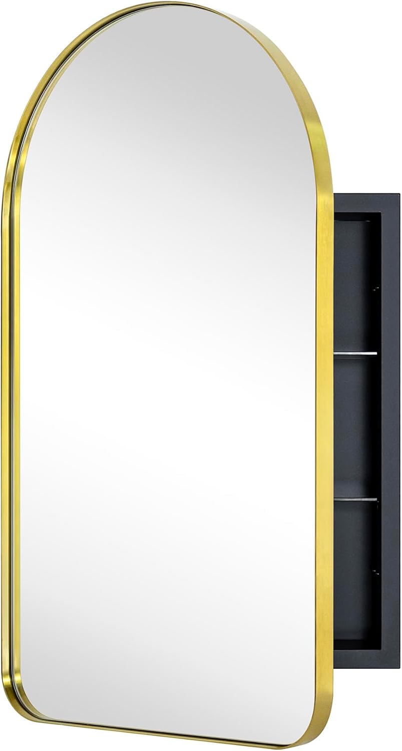 Brushed Gold Arched Recessed Bathroom Medicine Cabinet with Mirror Stainless Steel Metal Framed Rectangular Bathroom Cabinet with Mirror 16x28.3''