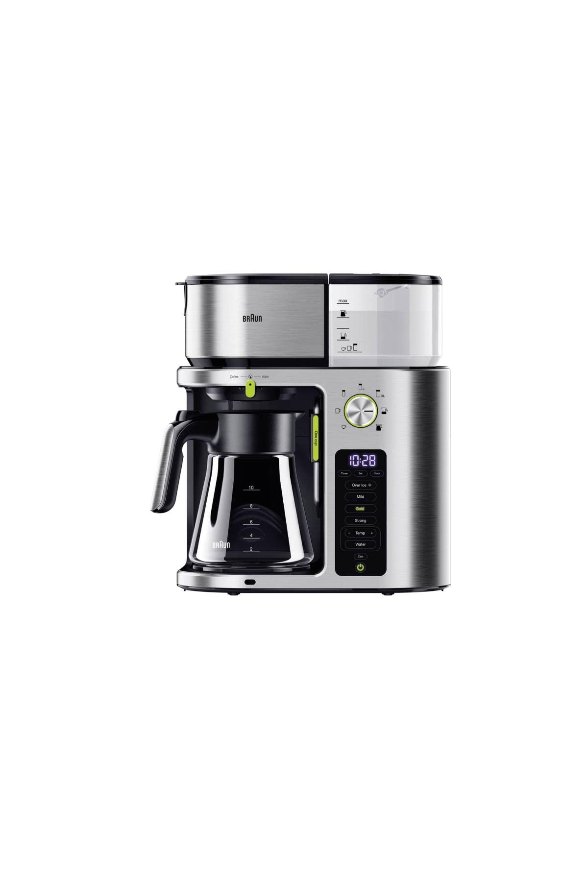 Braun MultiServe KF 9170 SI Cafetera de filtro con jarra de cristal, selección directa de 7 tamaños para hasta 10 tazas, función de té, pantalla táctil, temporizador, 1750 W, acero inoxidable