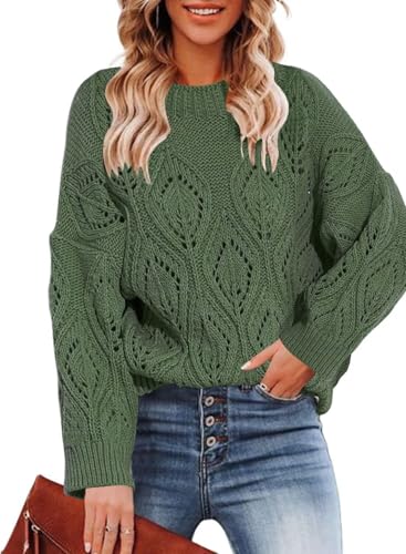 Image of Allimy Women's 2025 Elegant Crewneck Crochet Cable Knit Sweaters for Women Openwork Fall Outfits
