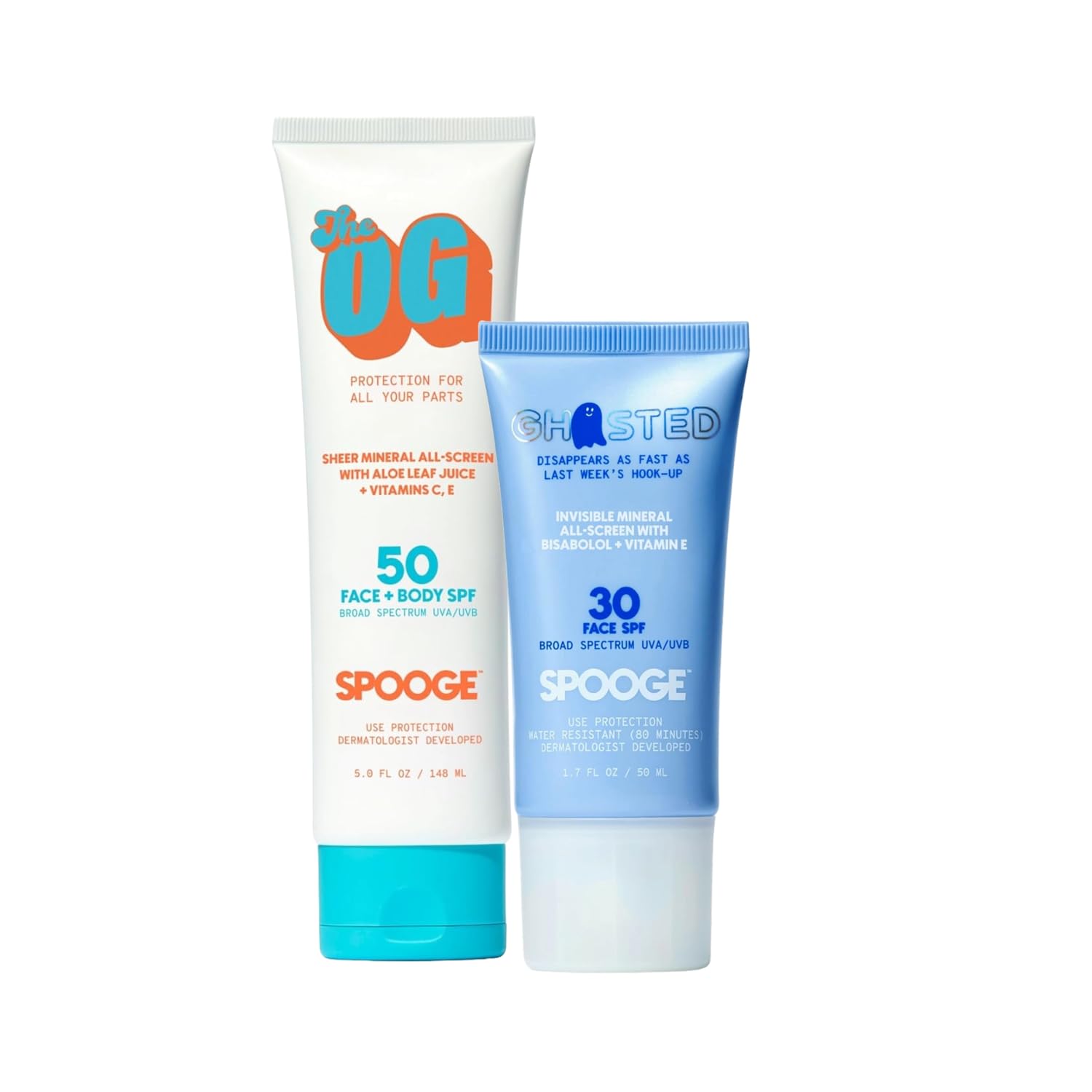 SPOOGE Invisible Mineral SPF Duo – Ghosted SPF 30 Oil-Free Face Sunscreen + The OG SPF 50 Mineral All-Screen Face & Body Protection