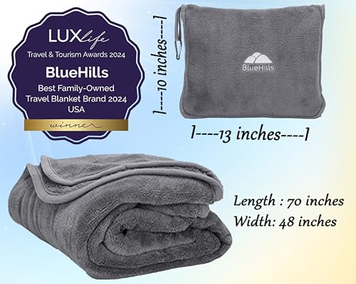 Image of BlueHills Premium Soft Long Travel Blanket Pillow for Tall Airplane Flight Blanket Throw in Soft Bag case with Hand Luggage Belt & Backpack Clip Compact Pack Large Blanket Grey Gray T052