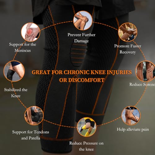 Image of 3D Fitness Compression Long Knee Brace and Nylon Anti Slip Calf Support Sleeve for men and women Knee Support Pain Relief Socks For Full Leg Knee Support (Pack of 2 Orange, L)