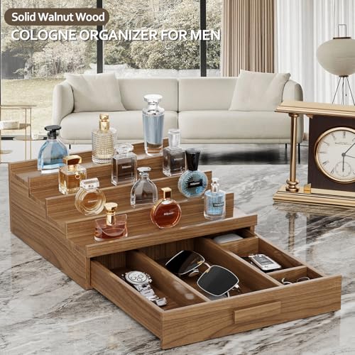 Image of Solid Walnut Cologne Organizer for Men, 4 Tier Cologne Stand Display Shelf | Wood Perfume Organizer, Cologne Holder with Drawer Storage and Hidden Compartment,Gift for Men Dad Husband Brother Boyfriend