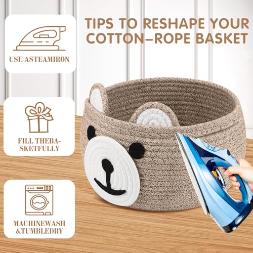 Image of Zopeal Bear Basket Baby Gift Basket for Nursery with Gift Bags and Ribbons, Cotton Rope Woven Organizer for Baby Shower, Living Room Bathroom Decor,10.5 inch D x 8.5 inch H(Brown)