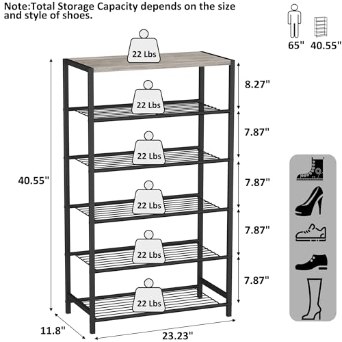Image of HOMEFORT 6 Tiers Shoe Rack Organizer,23 inch Shoe Storage Shelf for Closet, Shoe Rack for Entryway, Each Tier Fits 3 Pairs, Shoe Stand with Metal Shelves and MDF Top Board, Washed Gray