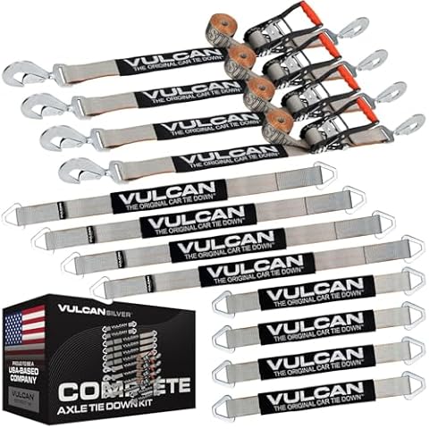 VULCAN Complete Axle Strap Tie Down Kit with Snap Hook Ratchet Straps - Silver Series - Includes (4) 22 Inch Axle Straps, (4) 36 Inch Axle Straps, and (4) 8' Snap Hook Ratchet Straps Cover