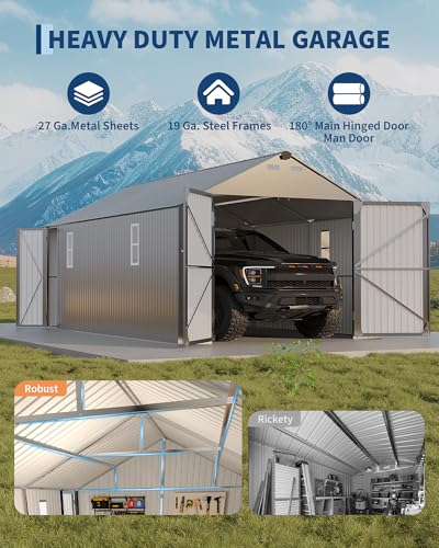 Image of GarveeLife 12x20 ft Metal Carport, Enclosed Car Port with Vertical Steel Roof for All-Weather Use, Metal Garage Shed with Man Door for Sedans & SUV, Gray