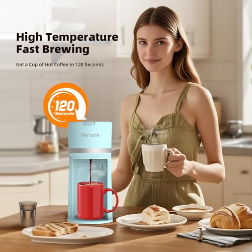 Image of Horavie Mini Single Serve Coffee Maker for K-Cup Pod and Ground Coffee, Fast Brew One Cup Coffee Machine with Descaling Reminder and Water Window, 6 to 12 oz. Brew Sizes, Light Blue