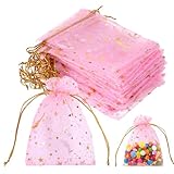 Jxiwfvl 100 Pieces Moon Star Organza Bags, 2.7x3.5 Inch Pink Drawstring Candy Bags Sheer Mesh Jewelry Pouches Small Gift Bag for Wedding Favors, Jewelry, Candy, Party Supplies