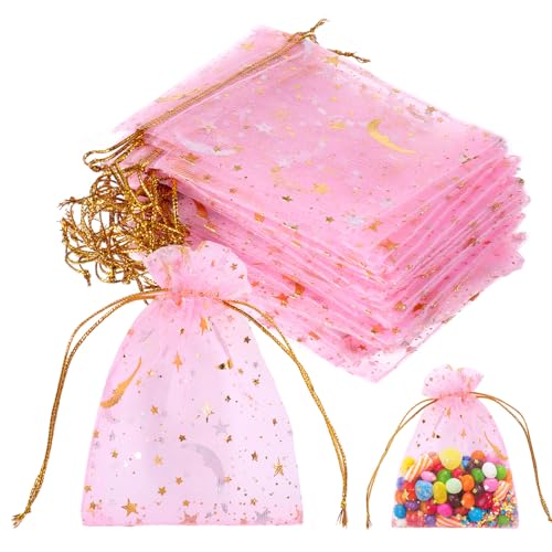 Jxiwfvl 100 Pieces Moon Star Organza Bags, 2.7x3.5 Inch Pink Drawstring Candy Bags Sheer Mesh Jewelry Pouches Small Gift Bag for Wedding Favors, Jewelry, Candy, Party Supplies