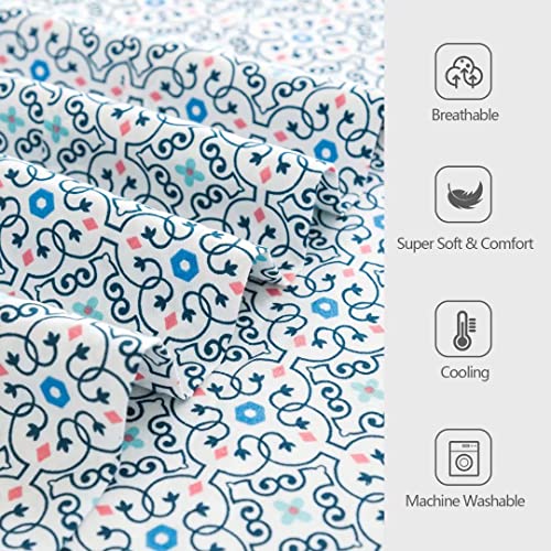 King Sheet Set 4Pc Printed Floral Pattern Double Bed Luxury Cooling Soft 100% Microfiber Brushed Sheets 17” Deep Pocket, Easy Care, Breathable, Wrinkle Free, Machine Washable Bedding – (Blue Boho) #TOP5