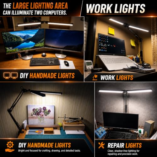 Image of BROLAVIYA Overhead Double Head Led Desk Lamp Light with Metal arm Stand,3 Lighting Modes, Dimmable, with 12V /2A 24W Power with Adaptor for Home Office,Desktop, Bedroom, Reading, Study lamp etc